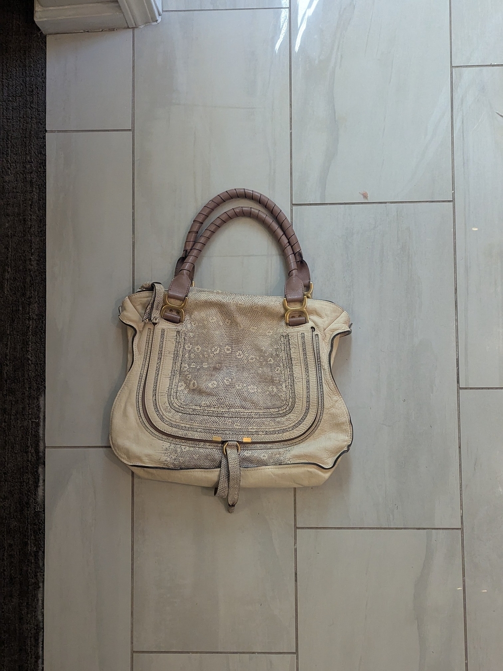 Chloe Cream Leather Satchel Handbag with Brown Handles